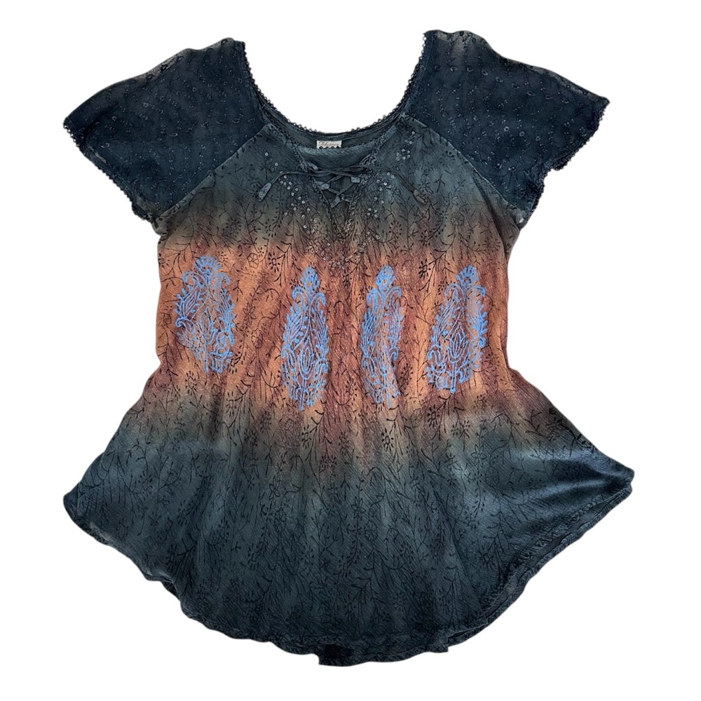 Fairycore Boho Tunic Top Lace-up Front Paisley Tie Dye XL